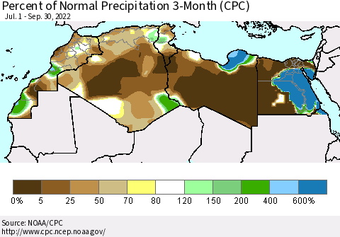 North Africa Percent of Normal Precipitation 3-Month (CPC) Thematic Map For 7/1/2022 - 9/30/2022