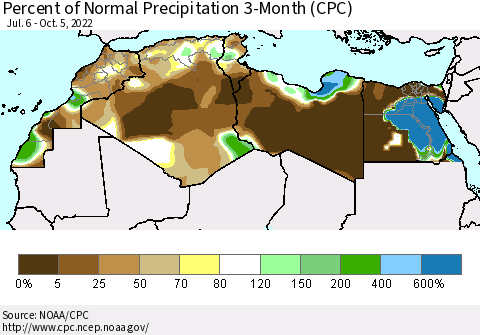 North Africa Percent of Normal Precipitation 3-Month (CPC) Thematic Map For 7/6/2022 - 10/5/2022
