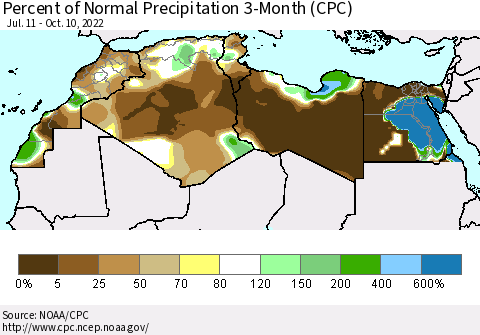North Africa Percent of Normal Precipitation 3-Month (CPC) Thematic Map For 7/11/2022 - 10/10/2022