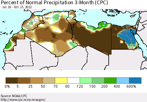 North Africa Percent of Normal Precipitation 3-Month (CPC) Thematic Map For 7/16/2022 - 10/15/2022