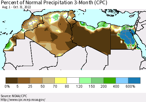 North Africa Percent of Normal Precipitation 3-Month (CPC) Thematic Map For 8/1/2022 - 10/31/2022