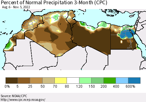 North Africa Percent of Normal Precipitation 3-Month (CPC) Thematic Map For 8/6/2022 - 11/5/2022