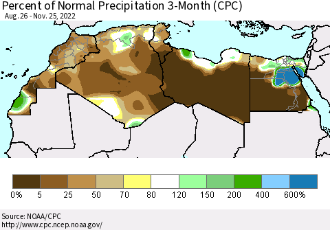 North Africa Percent of Normal Precipitation 3-Month (CPC) Thematic Map For 8/26/2022 - 11/25/2022