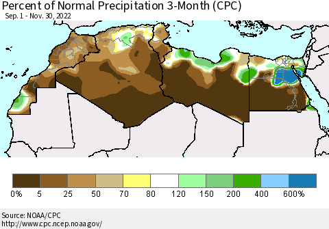 North Africa Percent of Normal Precipitation 3-Month (CPC) Thematic Map For 9/1/2022 - 11/30/2022