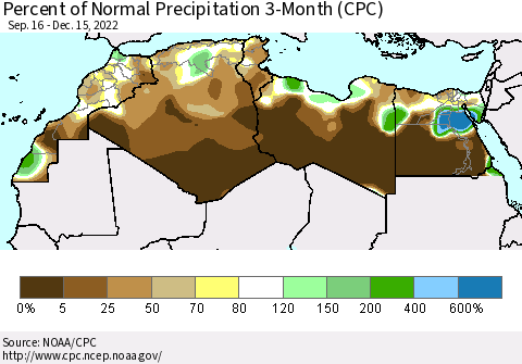 North Africa Percent of Normal Precipitation 3-Month (CPC) Thematic Map For 9/16/2022 - 12/15/2022