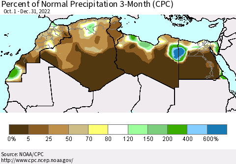North Africa Percent of Normal Precipitation 3-Month (CPC) Thematic Map For 10/1/2022 - 12/31/2022