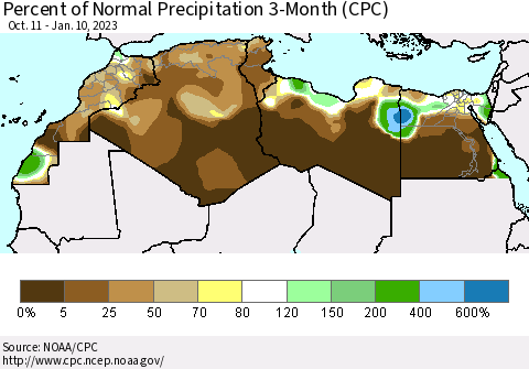 North Africa Percent of Normal Precipitation 3-Month (CPC) Thematic Map For 10/11/2022 - 1/10/2023