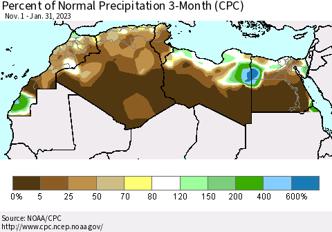 North Africa Percent of Normal Precipitation 3-Month (CPC) Thematic Map For 11/1/2022 - 1/31/2023