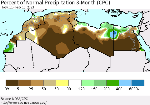 North Africa Percent of Normal Precipitation 3-Month (CPC) Thematic Map For 11/11/2022 - 2/10/2023