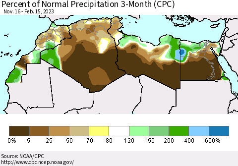 North Africa Percent of Normal Precipitation 3-Month (CPC) Thematic Map For 11/16/2022 - 2/15/2023
