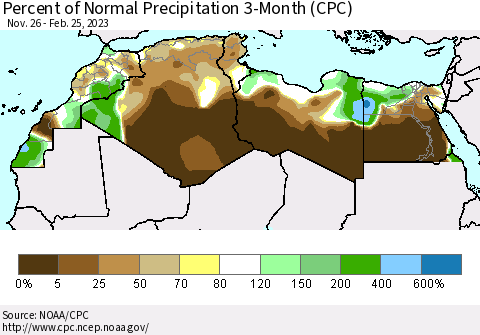North Africa Percent of Normal Precipitation 3-Month (CPC) Thematic Map For 11/26/2022 - 2/25/2023