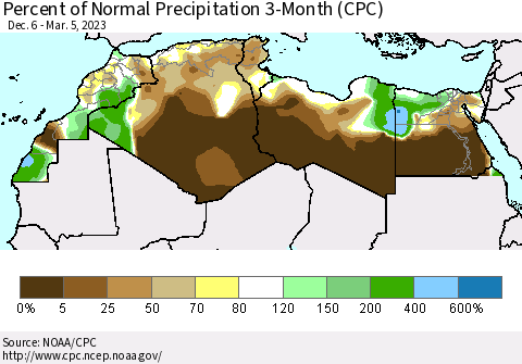 North Africa Percent of Normal Precipitation 3-Month (CPC) Thematic Map For 12/6/2022 - 3/5/2023