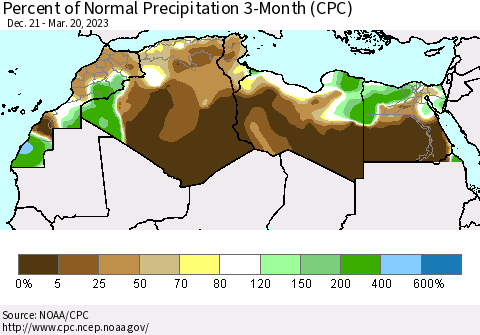 North Africa Percent of Normal Precipitation 3-Month (CPC) Thematic Map For 12/21/2022 - 3/20/2023
