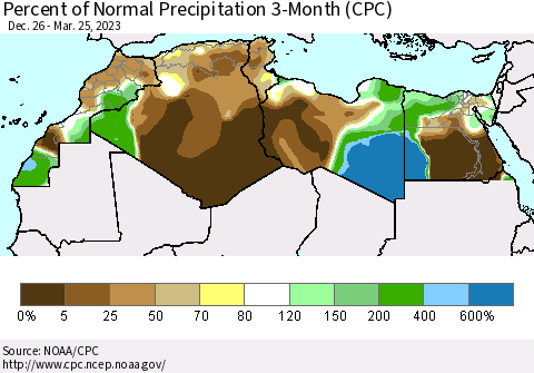 North Africa Percent of Normal Precipitation 3-Month (CPC) Thematic Map For 12/26/2022 - 3/25/2023
