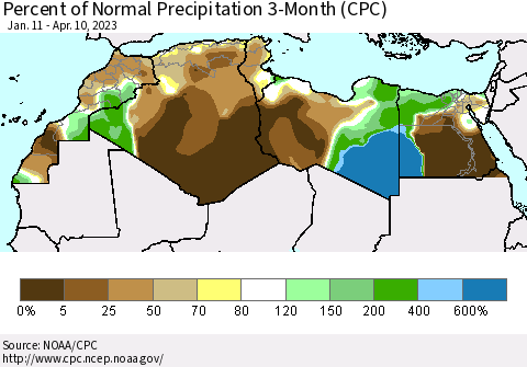 North Africa Percent of Normal Precipitation 3-Month (CPC) Thematic Map For 1/11/2023 - 4/10/2023