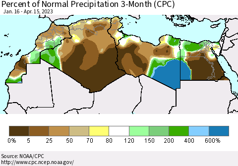 North Africa Percent of Normal Precipitation 3-Month (CPC) Thematic Map For 1/16/2023 - 4/15/2023