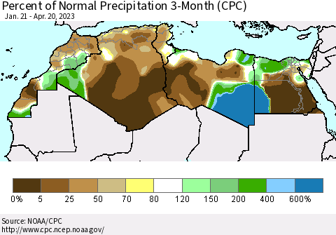 North Africa Percent of Normal Precipitation 3-Month (CPC) Thematic Map For 1/21/2023 - 4/20/2023