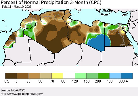 North Africa Percent of Normal Precipitation 3-Month (CPC) Thematic Map For 2/11/2023 - 5/10/2023