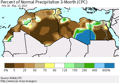 North Africa Percent of Normal Precipitation 3-Month (CPC) Thematic Map For 2/16/2023 - 5/15/2023