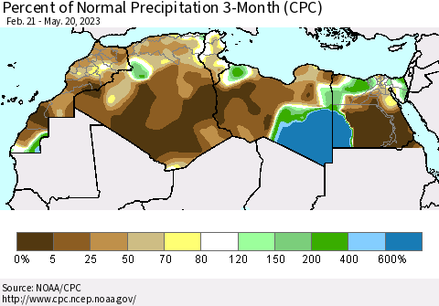 North Africa Percent of Normal Precipitation 3-Month (CPC) Thematic Map For 2/21/2023 - 5/20/2023