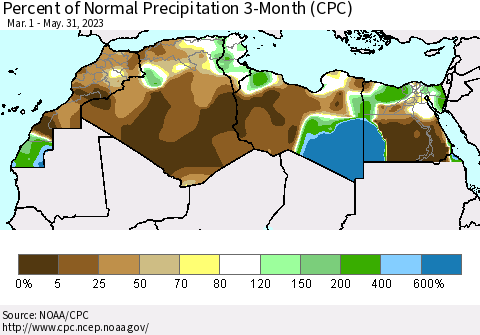 North Africa Percent of Normal Precipitation 3-Month (CPC) Thematic Map For 3/1/2023 - 5/31/2023