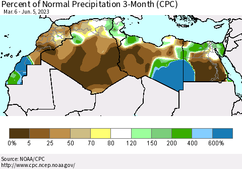 North Africa Percent of Normal Precipitation 3-Month (CPC) Thematic Map For 3/6/2023 - 6/5/2023