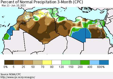 North Africa Percent of Normal Precipitation 3-Month (CPC) Thematic Map For 3/11/2023 - 6/10/2023