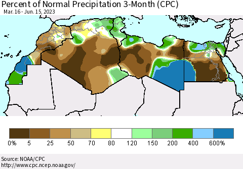 North Africa Percent of Normal Precipitation 3-Month (CPC) Thematic Map For 3/16/2023 - 6/15/2023
