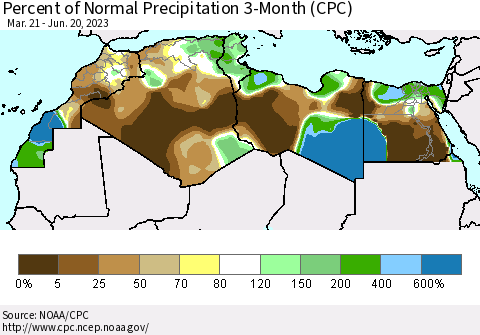 North Africa Percent of Normal Precipitation 3-Month (CPC) Thematic Map For 3/21/2023 - 6/20/2023