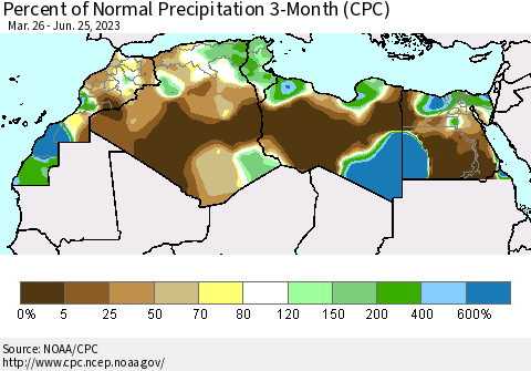 North Africa Percent of Normal Precipitation 3-Month (CPC) Thematic Map For 3/26/2023 - 6/25/2023