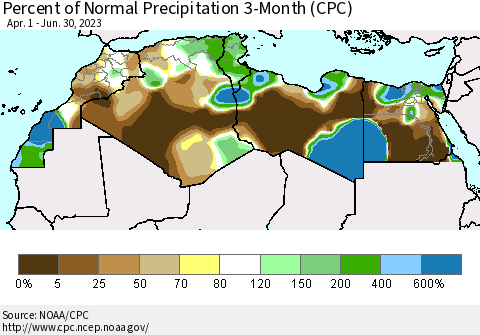North Africa Percent of Normal Precipitation 3-Month (CPC) Thematic Map For 4/1/2023 - 6/30/2023