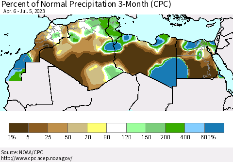 North Africa Percent of Normal Precipitation 3-Month (CPC) Thematic Map For 4/6/2023 - 7/5/2023
