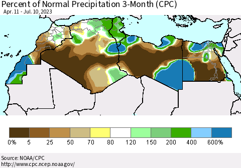 North Africa Percent of Normal Precipitation 3-Month (CPC) Thematic Map For 4/11/2023 - 7/10/2023