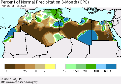 North Africa Percent of Normal Precipitation 3-Month (CPC) Thematic Map For 4/16/2023 - 7/15/2023