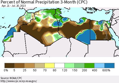 North Africa Percent of Normal Precipitation 3-Month (CPC) Thematic Map For 4/21/2023 - 7/20/2023