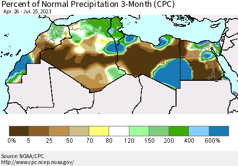 North Africa Percent of Normal Precipitation 3-Month (CPC) Thematic Map For 4/26/2023 - 7/25/2023