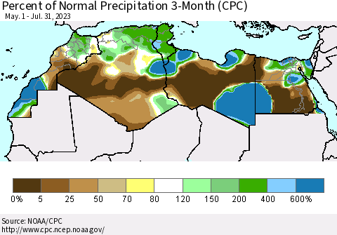 North Africa Percent of Normal Precipitation 3-Month (CPC) Thematic Map For 5/1/2023 - 7/31/2023