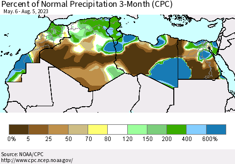 North Africa Percent of Normal Precipitation 3-Month (CPC) Thematic Map For 5/6/2023 - 8/5/2023