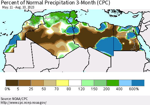North Africa Percent of Normal Precipitation 3-Month (CPC) Thematic Map For 5/11/2023 - 8/10/2023
