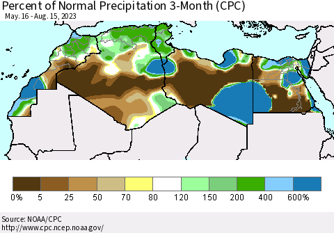 North Africa Percent of Normal Precipitation 3-Month (CPC) Thematic Map For 5/16/2023 - 8/15/2023