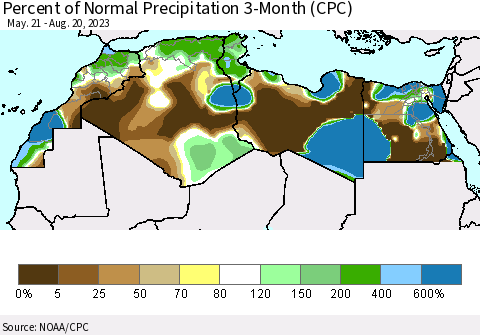 North Africa Percent of Normal Precipitation 3-Month (CPC) Thematic Map For 5/21/2023 - 8/20/2023