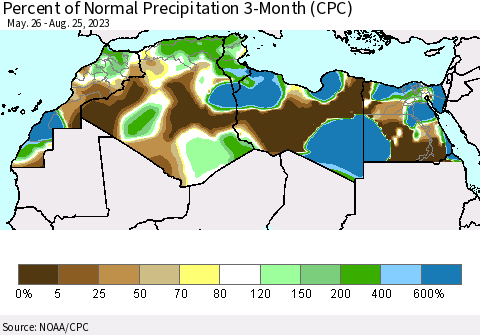 North Africa Percent of Normal Precipitation 3-Month (CPC) Thematic Map For 5/26/2023 - 8/25/2023
