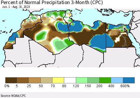 North Africa Percent of Normal Precipitation 3-Month (CPC) Thematic Map For 6/1/2023 - 8/31/2023