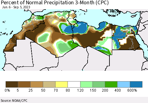 North Africa Percent of Normal Precipitation 3-Month (CPC) Thematic Map For 6/6/2023 - 9/5/2023