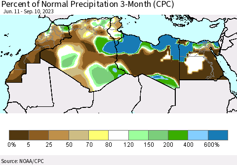 North Africa Percent of Normal Precipitation 3-Month (CPC) Thematic Map For 6/11/2023 - 9/10/2023