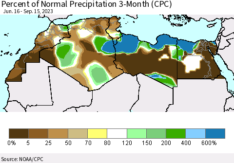 North Africa Percent of Normal Precipitation 3-Month (CPC) Thematic Map For 6/16/2023 - 9/15/2023