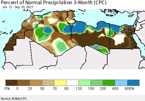 North Africa Percent of Normal Precipitation 3-Month (CPC) Thematic Map For 6/21/2023 - 9/20/2023