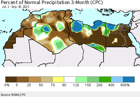 North Africa Percent of Normal Precipitation 3-Month (CPC) Thematic Map For 7/1/2023 - 9/30/2023