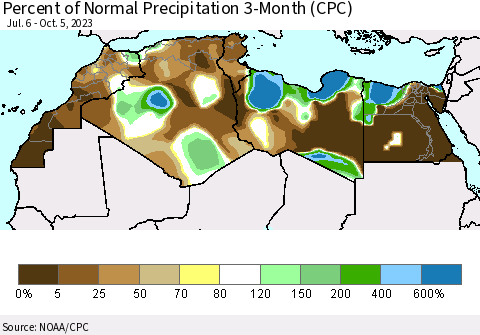 North Africa Percent of Normal Precipitation 3-Month (CPC) Thematic Map For 7/6/2023 - 10/5/2023