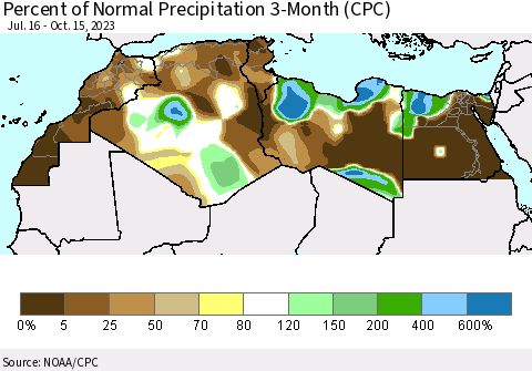 North Africa Percent of Normal Precipitation 3-Month (CPC) Thematic Map For 7/16/2023 - 10/15/2023